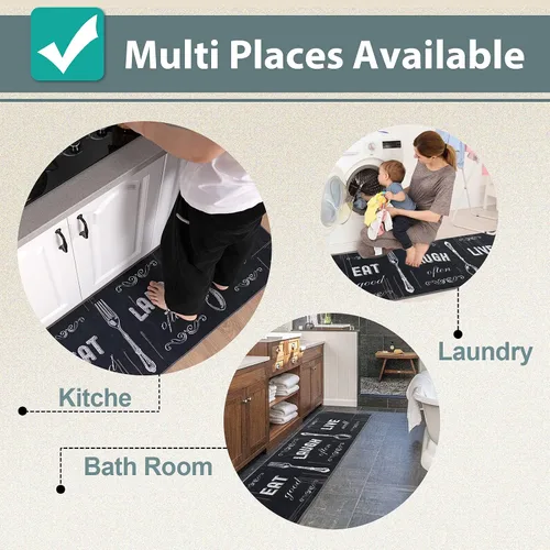 Miniatura 7 de Carvapet Juego de 2 alfombras de cocina con respaldo antideslizante, tapete para cocina, corredor de entrada, diseño de lema, negruzco/gris oscuro