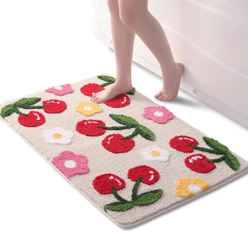 Miniatura 12 de Anybar Alfombras de Baño Beige Tapete de Baño de Cerezas Lindas Accesorios de Baño Coloridos, Alfombra de Flores Divertida Tapete de Piso