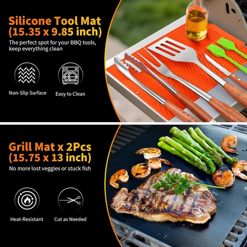 Miniatura 6 de Juego de accesorios para parrilla de 16 pulgadas, herramientas de accesorios para barbacoa de acero inoxidable resistente y accesorios para parrilla