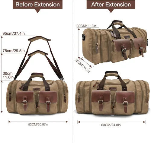 Miniatura 6 de Wildroad Bolsa de lona de viaje de 50 litros, bolsa de lona expandible de cuero genuino mejorada para el fin de semana durante la noche, Café