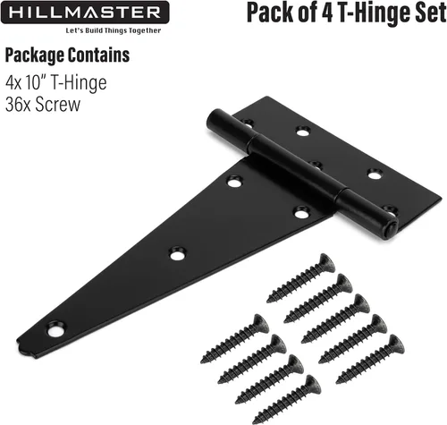 Miniatura 3 de HILLMASTER Bisagras de puerta de cobertizo de 10 pulgadas con correa en T resistentes, bisagras de correa en T negras, bisagra en T forjada