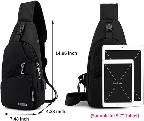 Miniatura 7 de Sling Bag Sling Mochila Crossbody Mochila Pecho Bolso Hombro Puerto Cargador USB, Negro -, Mochila tipo bandolera