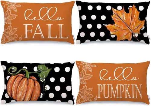 Miniatura 19 de GEEORY Juego de 4 fundas de almohada de otoño de 18 x 18 pulgadas, diseño de lunares, búfalo con nudo de lazo, calabazas, camiones, agradecimiento