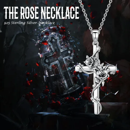 Miniatura 4 de Cross necklace 925 Sterling Silver Rose Crose Pendant Necklace Cross Necklace for Women (A-Rose Cross Necklace)