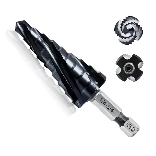 Broca escalonada de cobalto – Broca de 1/4"-3/4" con cuatro espirales de cobalto M35 con Unibit listo para impacto para acero inoxidable, metal,