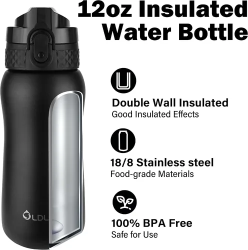 Miniatura 4 de Botella de agua aislada Oldley de 12 oz con pajita, botella de agua de acero inoxidable con 2 tapas, botellas de doble pared con vacío para adultos