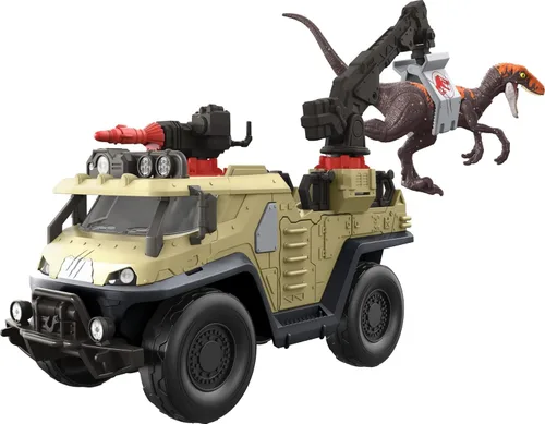 Mattel Mundo Jurásico Dominion Camión de Captura y Aplastamiento y Juego de Dino con Figura de Acción de Velociraptor, Vehículo con Funciones de