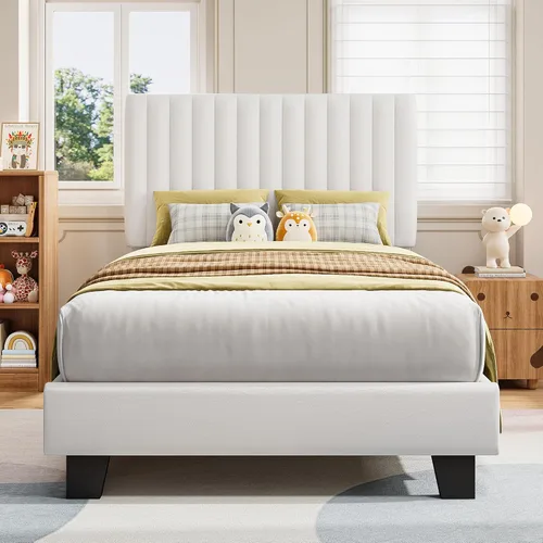 Miniatura 14 de iPormis Base de cama tamaño individual, cama tapizada con plataforma con cabecero de lino vertical, patas de cama anchas y fuerte soporte