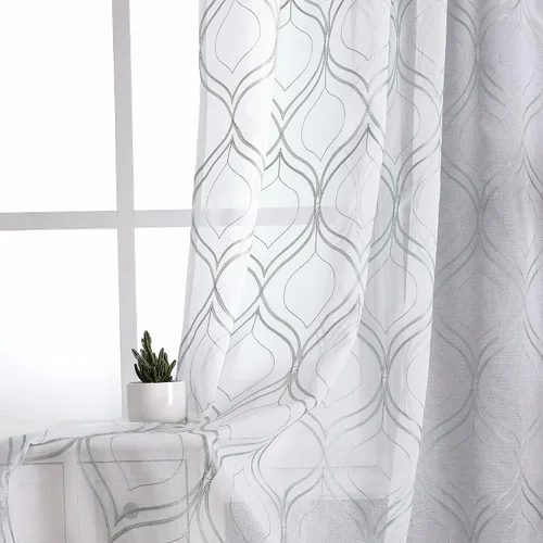 Miniatura 28 de VISIONTEX Cortinas traslúcidas blancas de 63 pulgadas de largo, juego de 2 paneles de bordado marroquí con puntos beige, tela de gasa bordada