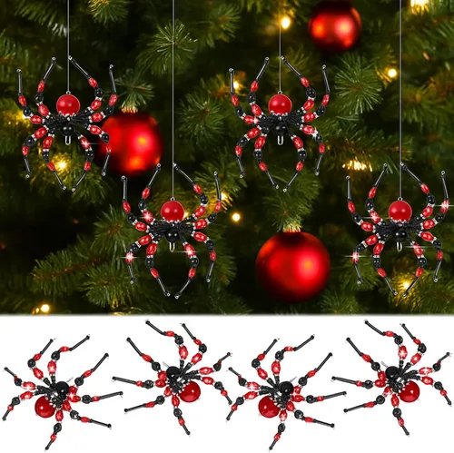 Miniatura 10 de Reallnaive 8 piezas de adornos de araña de Halloween en blanco y negro con cuentas, adornos colgantes para decoración de Halloween, regalo