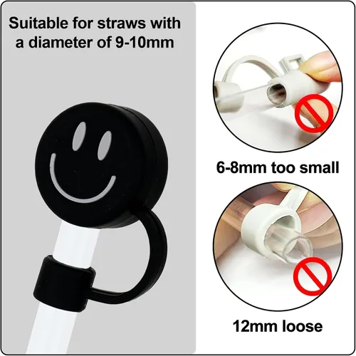 Miniatura 3 de Whaline 6 fundas de paja negras con diseño de sonrisa de 0.4 pulgadas, de silicona, reutilizables, redondos, con patrón de doble cara, para vasos