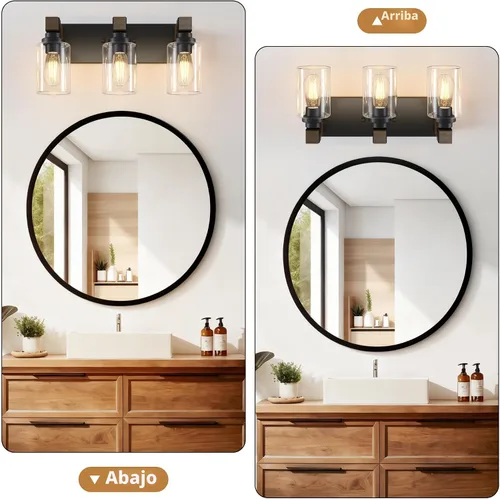 Miniatura 6 de Accesorios de iluminación de baño de granja, luces de tocador rústicas de 3 luces en madera para baño, iluminación de apliques de pared vintage