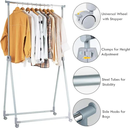 Miniatura 8 de Tangkula Perchero extensible para ropa, resistente y plegable con barra para colgar ajustable, colgador de ropa rodante para oficina en casa