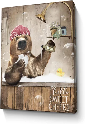 Miniatura 23 de Bonito oso para decoración de baño, arte de pared divertido con estampado de oso de casa de campo, pintura decorativa de pared enmarcada moderna