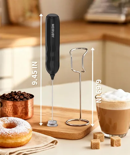 Miniatura 2 de MEIRUBY Paquete de 2 espumadores de leche manuales con soporte, regalos para el Día de San Valentín para él y para ella, potente espumador de café