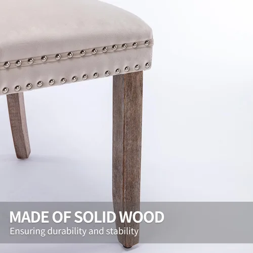 Miniatura 8 de Cómodo juego de 2 sillas de comedor de terciopelo copetudo, silla de comedor tapizada beige con patas de madera maciza, anillo trasero tirador