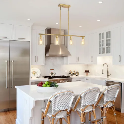 Miniatura 2 de Candelabro Moderno Dorado para Isla de Cocina de 4 Luces Latón Cepillado Lámpara Colgante Estilo Granja Industrial Accesorio de Iluminación