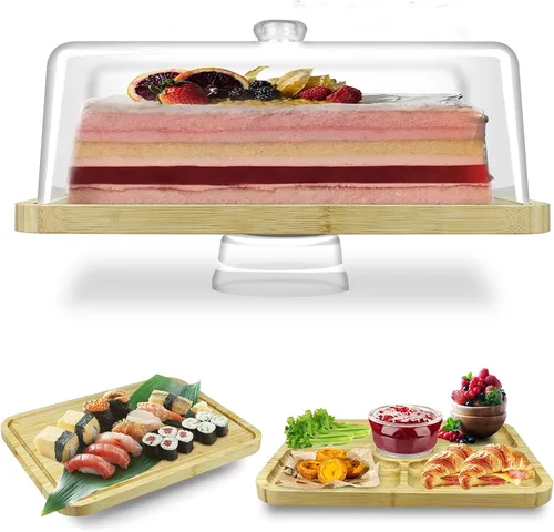 Cutesun Soporte para pastel de bambú y madera con tapa - Soporte rectangular para pastel, juego de exhibición de 2 en 1 para mesa de postre y tabla