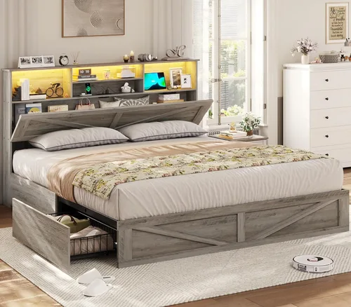 Miniatura 8 de VIAGDO Marco de cama estilo granja tamaño individual con cabecera de almacenamiento tipo estantería, estación de carga y luces LED, marco de cama