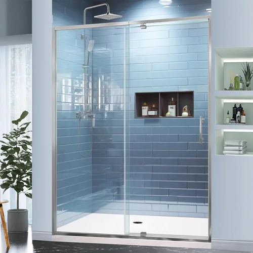 Miniatura 2 de GroGro 56-60" W x 71" H Mampara de ducha giratoria de vidrio semisin marco, vidrio templado transparente de 1/4" (6mm) SGCC, acabado cromo, Cromado