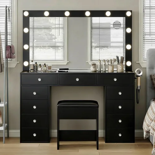 Escritorio negro con espejo iluminado y toma de corriente, mesa de tocador de 11 cajones con silla, tocador de maquillaje con 11 bombillas