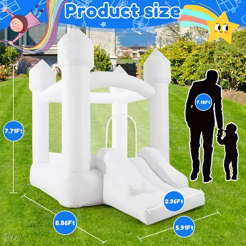 Miniatura 4 de Casa de rebote blanca, casa inflable con tobogán y soplador, castillo animoso blanco para niños en interiores y exteriores, regalos ideales