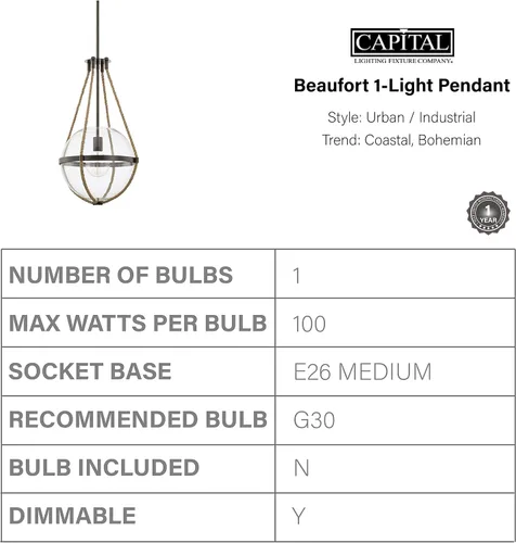 Miniatura 3 de Capital Lighting 327413NG Beaufort - Bata costera de yute natural con colgante de globo de vidrio transparente, 1 luz de 100 vatios, 23 pulgadas