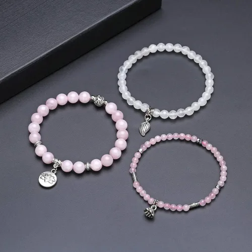 Miniatura 3 de Jovivi - 3 pulseras de cuentas de cristal de cuarzo rosa amatista para chakras, energía natural de curación, cuentas de loto, piedra reiki