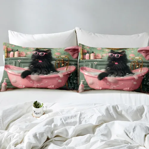 Miniatura 7 de Juego de funda de edredón para niños con diseño de gato negro, tamaño individual, juego de ropa de cama de animales lindos con burbujas de baño