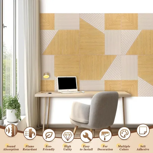 Miniatura 2 de Paquete de 6 paneles acústicos para pared (cada uno de 23.6x23.6 pulgadas) - Reducción de ruido de 25dB, autoadhesivo color marrón Decoración