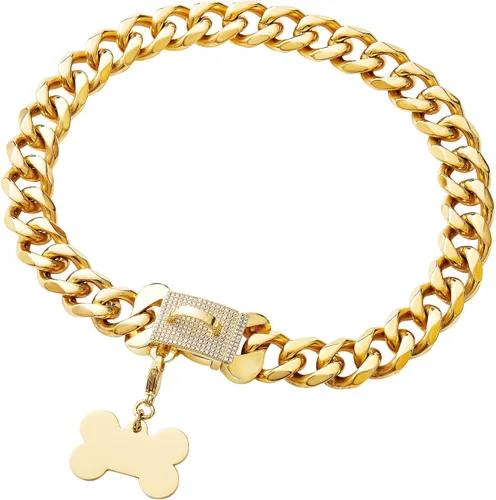 Miniatura 2 de Collar de acero inoxidable con eslabones de oro cubano resistente para perros pequeños, medianos y grandes, collar de perro de bulldog francés