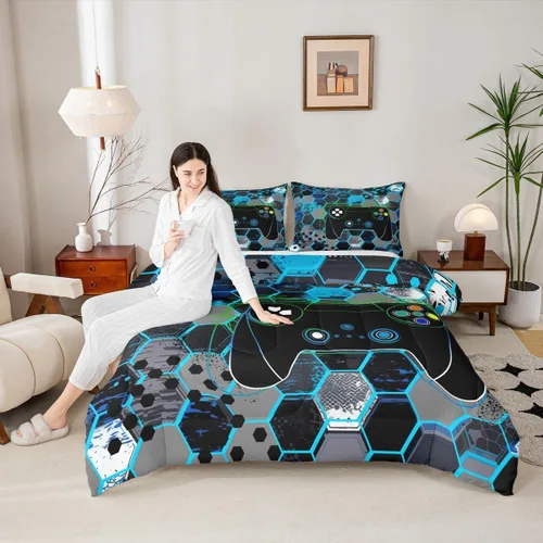 Manfei Juego de edredón moderno de 2 piezas con estampado de consola de videojuegos de panal azul con 1 funda de almohada, juego de ropa de cama
