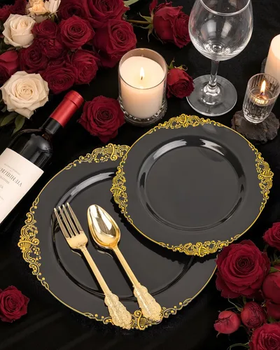 Miniatura 7 de Nervure 100 platos de plástico negro y dorado, platos desechables negros de 10.25 pulgadas, platos llanos de plástico negro para bodas, fiestas