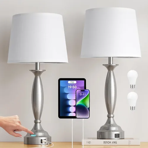 Miniatura 18 de Juego de 2 lámparas blancas para dormitorio, lámpara de noche de control táctil con USB C+A, lámparas de mesita de noche regulables de 3 vías