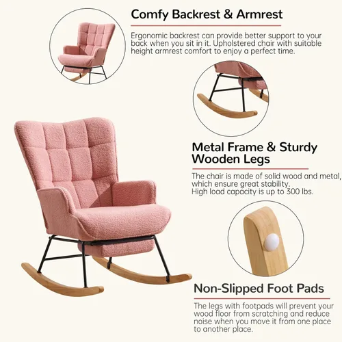 Miniatura 6 de Furniliving - Mecedora moderna tapizada para cuarto de bebé, silla de lectura con reposapiés retráctil, silla acentuada con respaldo alto, base