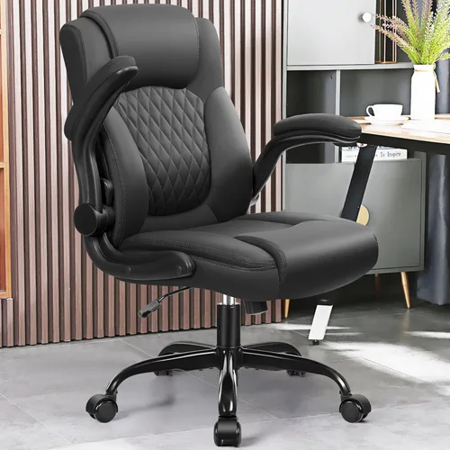 Miniatura 2 de Silla de cuero PU con soporte ergonómico lumbar, gira 360°, pequeña, ruedas, reposabrazos ajustables, para gente chaparra, para escritorio, Negro