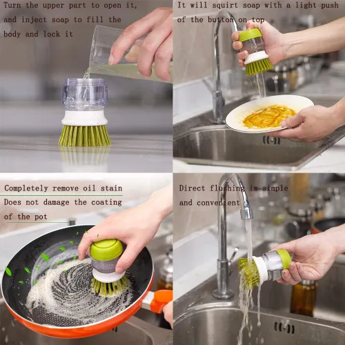Miniatura 6 de Cepillo para platos con dispensador de jabón, cepillos para lavar platos de cocina con soporte y bandeja de goteo, para limpiar sartén, olla, Gris