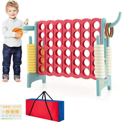 COSTWAY Juego gigante gigante de 4 en puntuación con bolsa de transporte, juego de 2.5 pies para interiores y exteriores con aro de baloncesto,