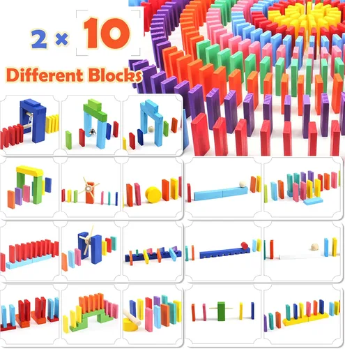 Miniatura 3 de WOOD CITY Juego de dominó de 1000 piezas para niños con 20 bloques adicionales, coloridos azulejos de dominó para construir, apilar, carreras