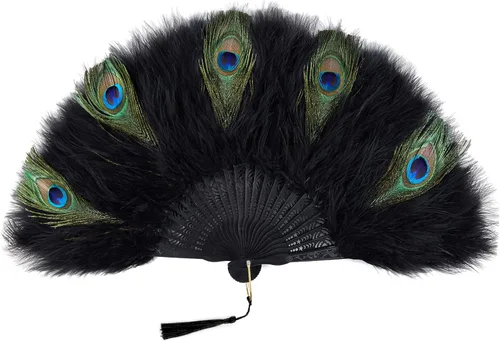 Miniatura 15 de BABEYOND Abanico de plumas de marabú estilo vintage de los años 20, abanico plegable de mano, para disfraz, baile, espectáculo, fiesta de té, Negro