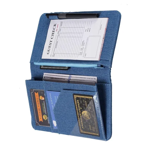 Miniatura 5 de Libro de mesero, libro de mezclilla para Watiress con cara sonriente esponjosa, bordado de felpa con diseño de flor de dólar