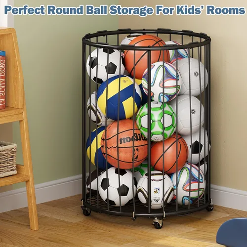 Miniatura 7 de Hencawima Garage Ball Storage: Round Sports Equipment Organizer with Wheels, Sports Ball Rack With Elastic Rope, Ball Holder for Basketball, Soccer