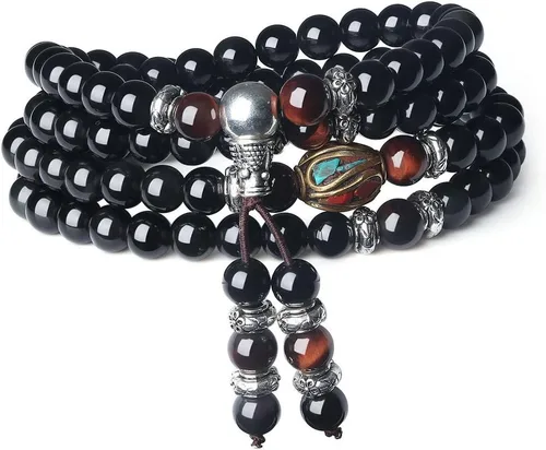 COAI Pulsera de piedra obsidiana negra Collar Mala Beads 108