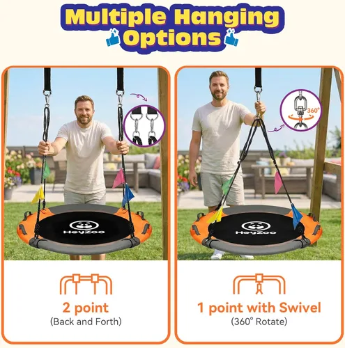 Miniatura 3 de HeyZoo Columpio de árbol de 43 pulgadas, juego de columpio de platillo de capacidad de peso de 900 libras para niños, viene con giro de 360 grados