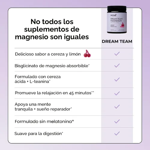 Miniatura 7 de Hum Nutrition Dream Team Polvo de Bisglicinato de Magnesio, L Teanina y Cereza Ácida Suplemento de Magnesio en Polvo para Bebida, Apoya el Descanso