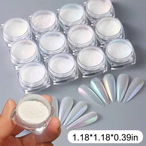Miniatura 2 de 12 frascos de polvo de uñas cromado, perla blanca, holográfico, efecto degradado, polvo metálico aurora, polvo iridiscente perlado, polvo