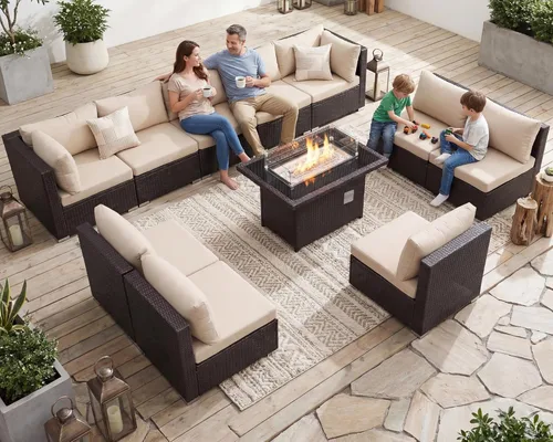 Miniatura 33 de NICESOUL Juego de muebles de patio para exteriores de 7 piezas con mesa para hoguera, gas natural y propano convertible, respaldo alto de 29.3