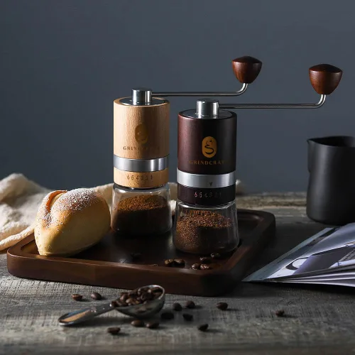 Miniatura 6 de Molinillo de café manual de alta calidad, fabricado con madera de haya auténtica; molinillo de café de mano con molino de rebabas de acero Marrón