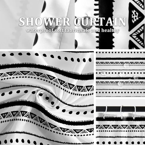 Miniatura 4 de AOFOTO Cortina de Ducha Boho con Patrón Geométrico de Rayas Negras Cortinas de Ducha para Baño con Borlas Cortina de Ducha Bohemia Decoración