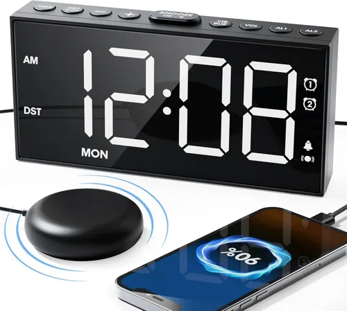 Miniatura 10 de Reloj despertador fuerte para adultos que duermen profundamente, con vibración para la cama y 2 alarmas para todos los días/días laborables/fin